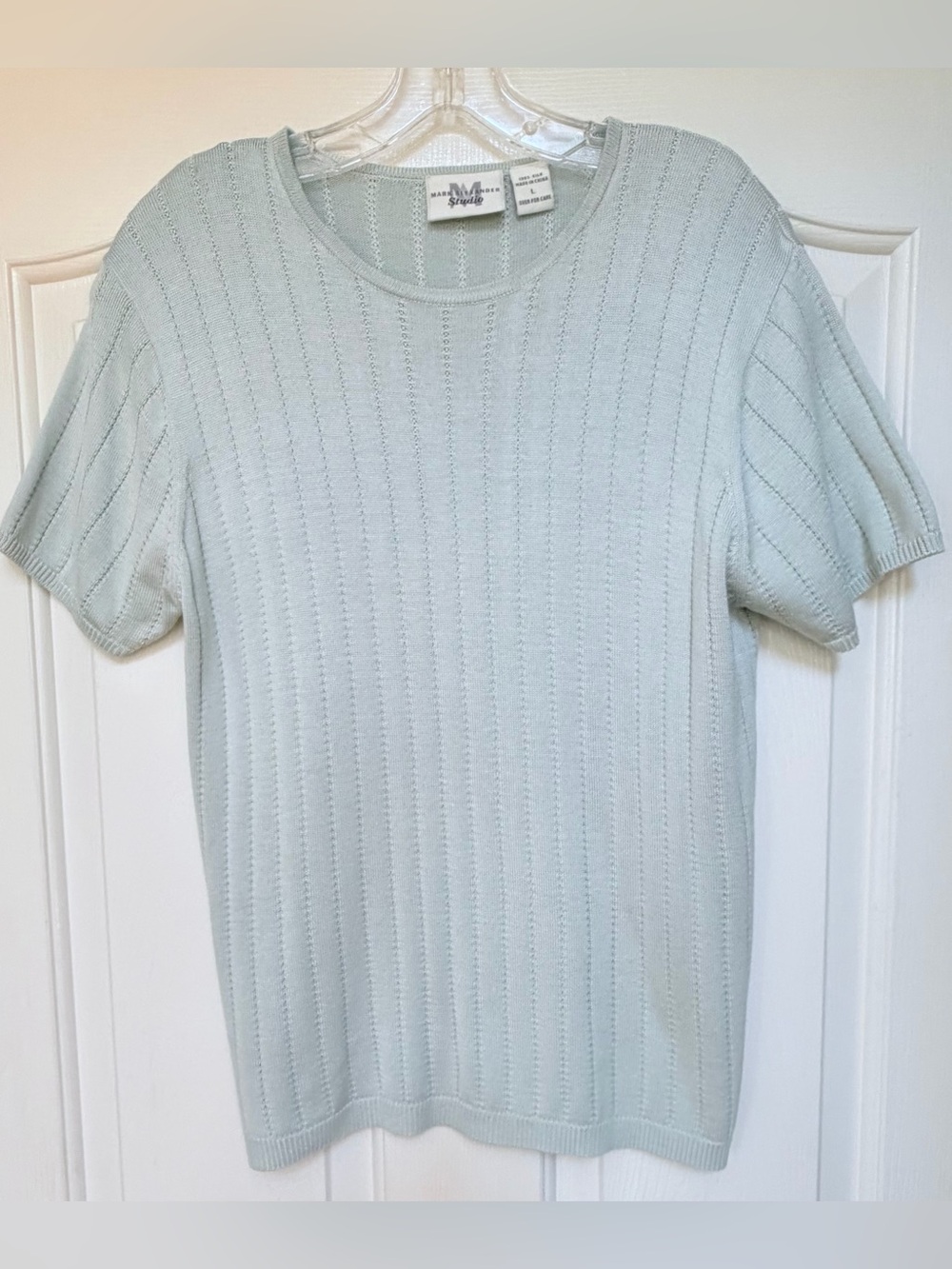 Mark Alexander 100% Silk Mint Knit Short Sleeve Top L Quiet Luxury Pointelle